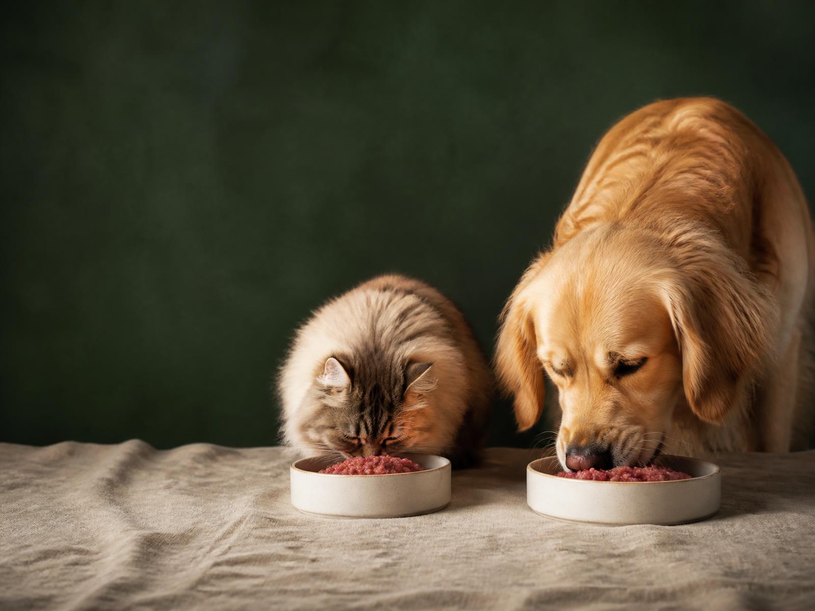 A dog and a cat eating fresh raw meals from ceramic bowls